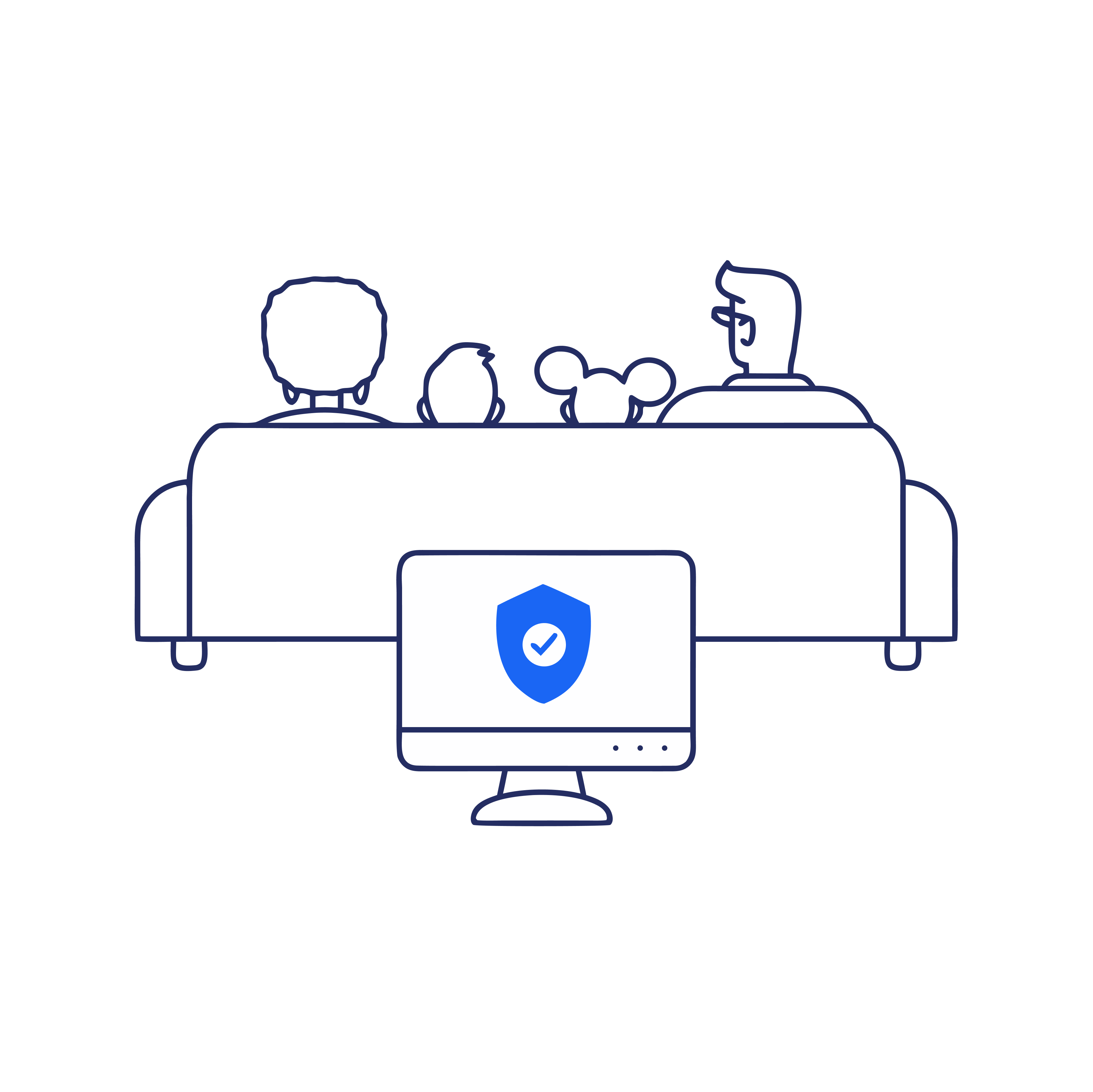 line art of people sitting on a couch and a computer with a security shield