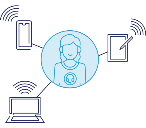 blue and navy support person connected to multiple devices line art