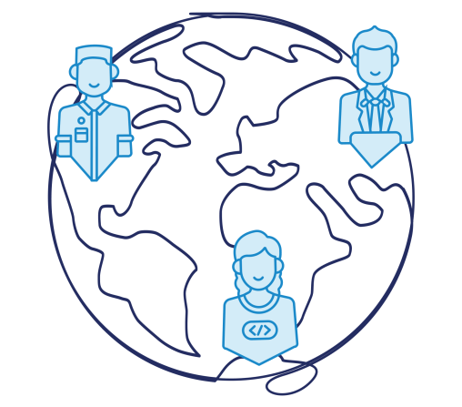 navy and blue line art of globe with people around it