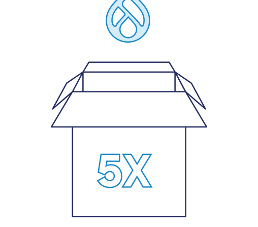 navy and blue line art of drupal icon dropping into a box that reads 5x
