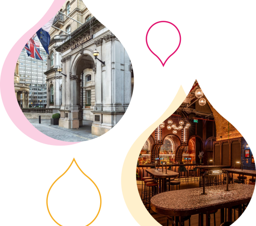 pink and yellow acquia droplets with imagery of the electric shuttle and the langham hotel in london
