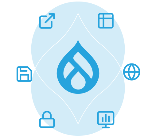 blue acquia droplets behind the drupal logo surrounded by various feature icons