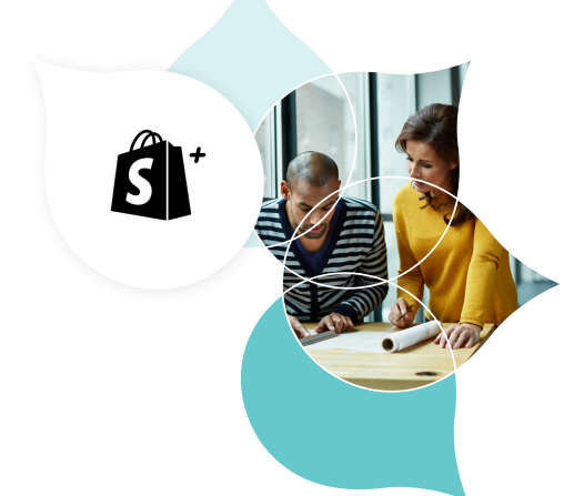 teal acquia droplet floral pattern with the shopify plus logo and an image of two people talking over documents