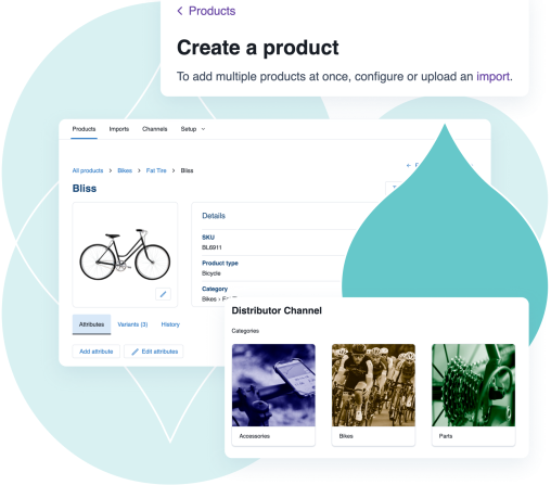 Various teal droplets with product screenshots of Acquia DAM