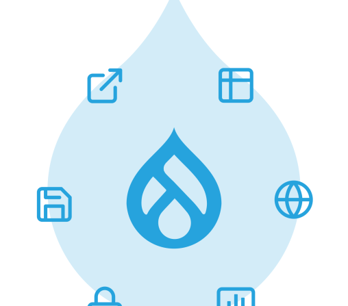 acquia droplet with drupal logo int he middle surrounded by feature icons