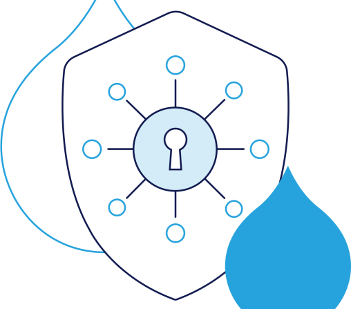 blue acquia droplets with line art of a shield