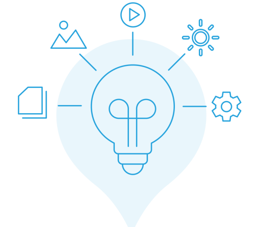 blue line art of a light bulb with content icons coming out of it