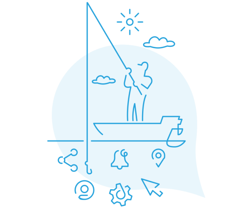 blue line art of a person fishing for content icons
