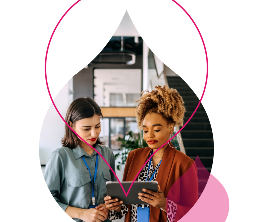 pink acquia droplets with an image of two women looking at a tablet
