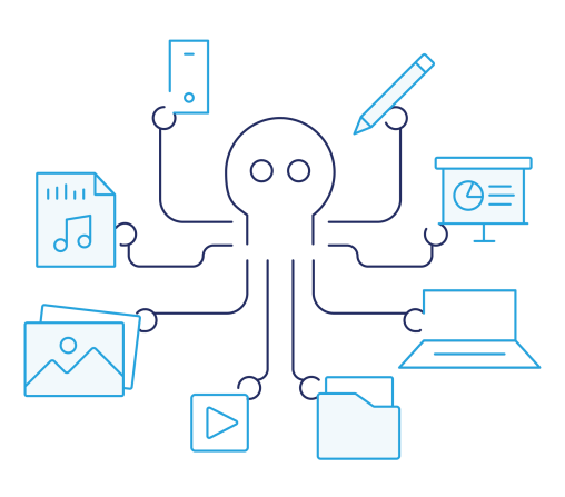 navy and blue line art of an octopus holding various different types of content icons