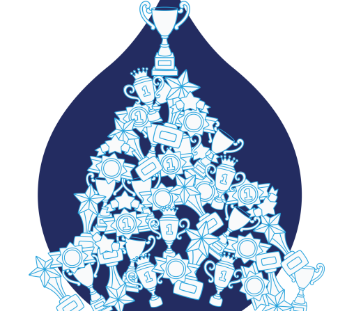 navy droplet with blue line art of a pile of various awards in front of it