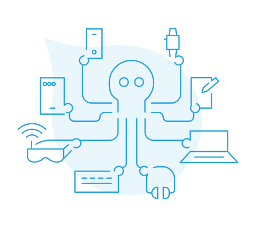 Blue line art of an octopus holding different devices