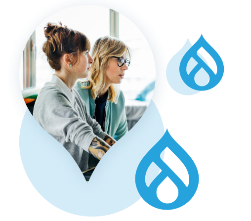 acquia droplet cropping an image of two girls on a computer with two drupal logos around it