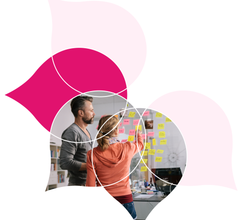 pink acquia droplets with an image of two people talking over a sticky note wall