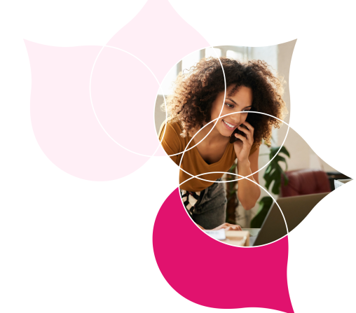 pink acquia droplets with an image of a woman on a computer