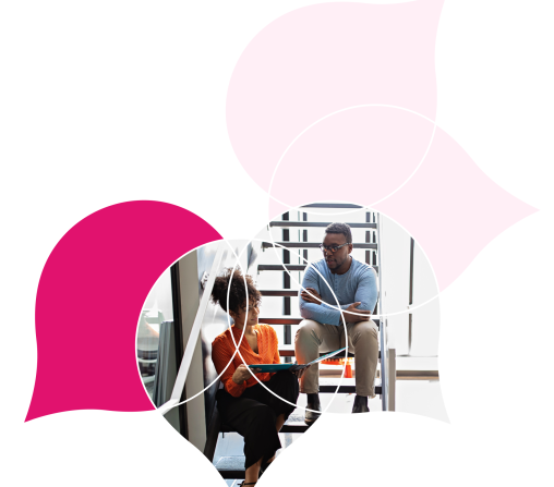 pink acquia droplets with an image of two people talking