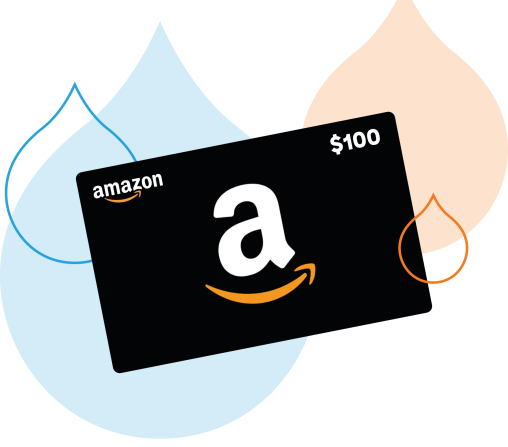 navy and orange acquia droplets with a graphic of a $100 Amazon gift card in the center