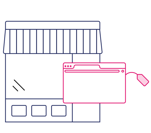 Illustration of a storefront with a browser and a product tag
