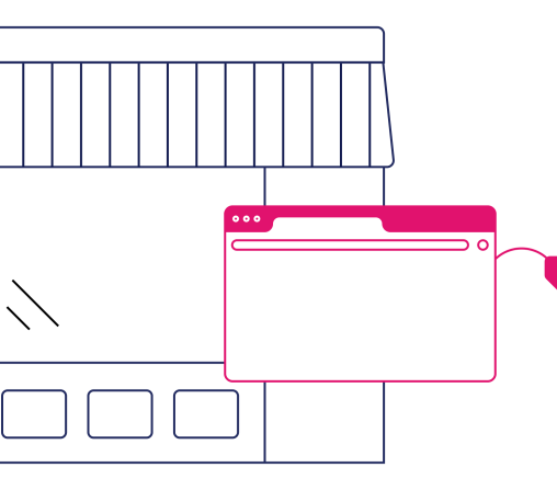 illustration of a storefront with a browser and a price tag
