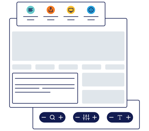 diagrammatic illustration of product UI with various content building tools