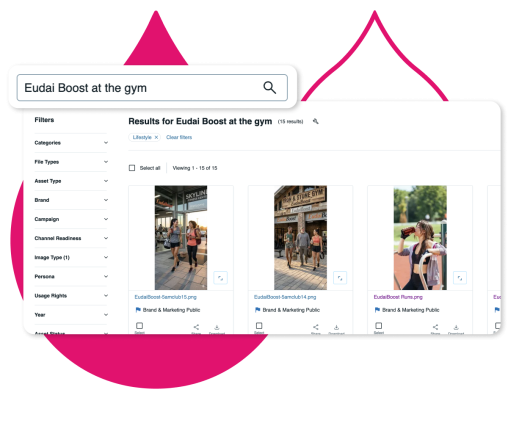 Website interface showing search results for books with pink geometric design elements