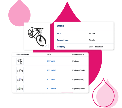 Pink design elements with bicycle icons and white forms or cards arranged on a layout