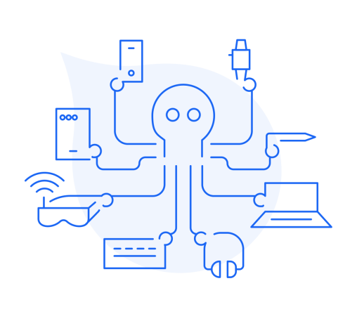 Blue line art of an octopus holding different devices