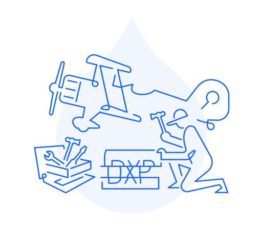 blue line art of a person repairing a plane with a DXP tool box
