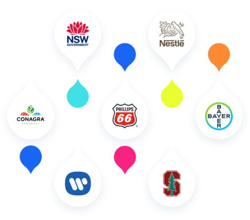 stylized graphic featuring logos for: Conagra, NSW government, phillips 66, nestle, warner music group, bayer, and stanford.