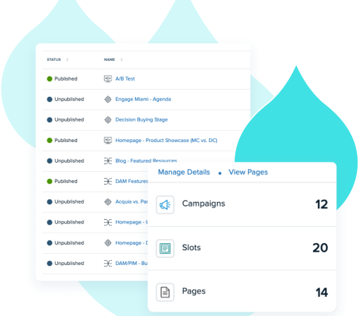 teal acquia droplets overlaid with screenshots from Personalization