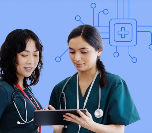 two healthcare workers looking over a tablet with a CPU illustration behind them