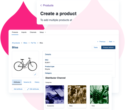 various pink acquia droplets with product screenshots of Acquia DAM