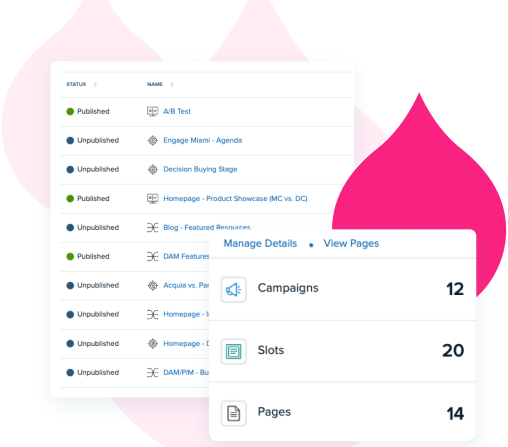 various pink acquia droplets with product screenshots of Personalization