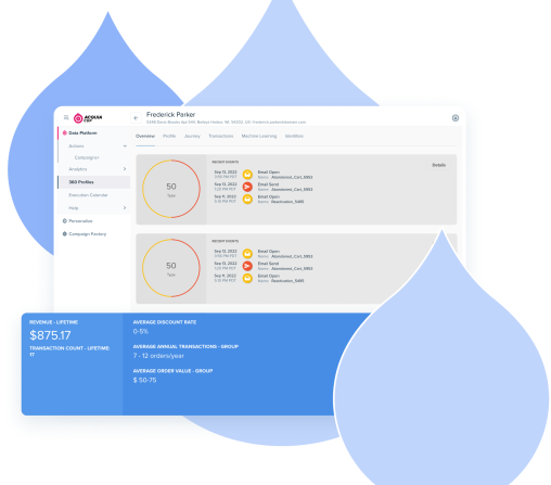 Blue acquia droplets behind product screenshots from Acquia CDP