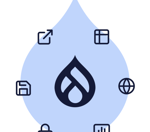 acquia droplet with drupal logo int he middle surrounded by feature icons