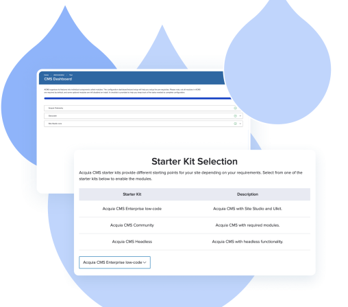 Acquia droplets with screenshots from the Acquia CMS Starter Kit
