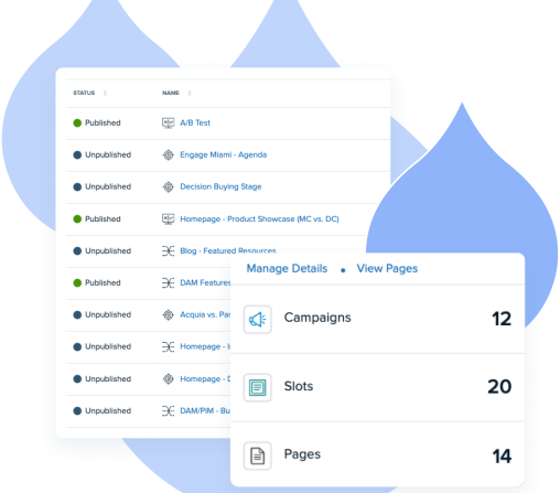 vlue acquia droplets behind product screenshots from Personalization