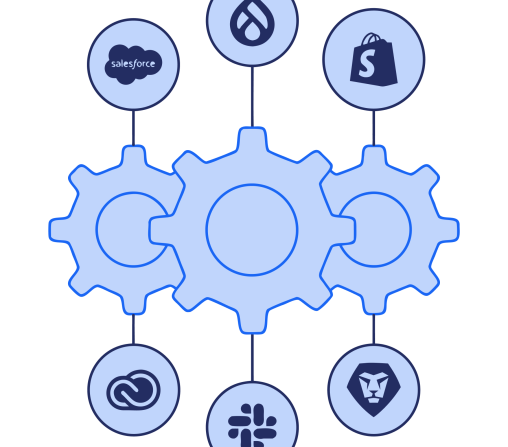 navy and blue line art of 3 cog wheels and the following 6 logos: adobe workfront, adobe creative cloud, drupal, shopify, slack, salesforce