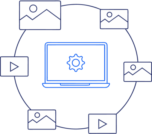  line art of image and video icons surrounding a laptop with a coghweel in the center