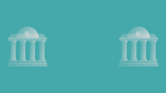 Teal background with two icons of the same government building