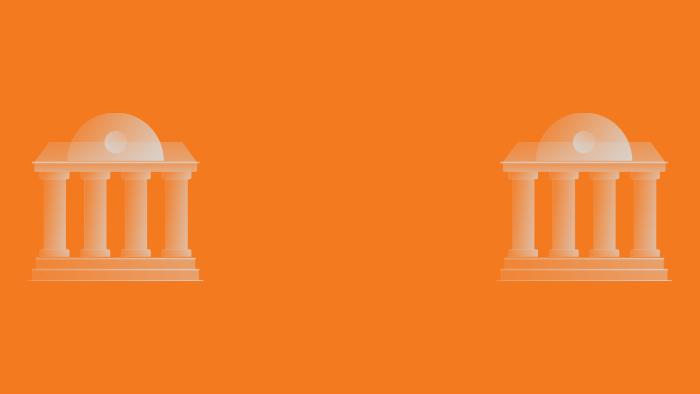Orange background with icons of government buildings on either side