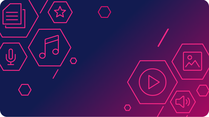 Purple gradient background with various outlined icons including documents, hexagon, music note, microphone, play button, and geometric shapes scattered across the surface.