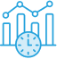 Blue icon of charts and graphs and a clock in front of it