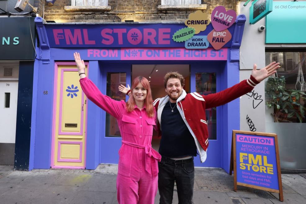 Color photo of TV personality and Made in Chelsea star, Sam Thompson and Not On The High Street CEO Leanne Rothwell attends the opening of The FML Store pop-up from Not On The High Street in Soho on September 29, 2022 in London, England.