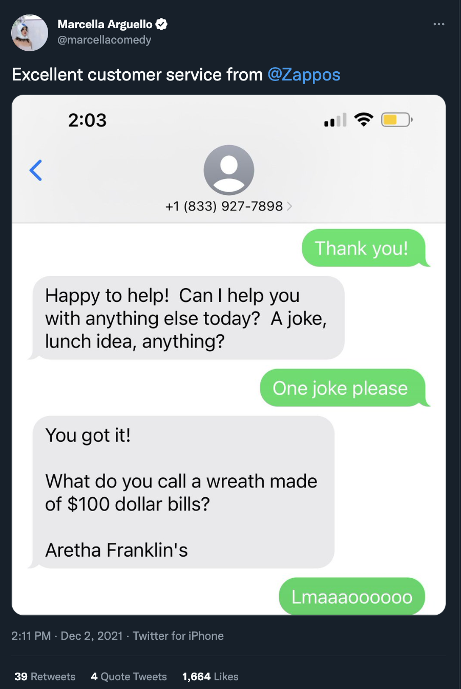 Screenshot of text exchange between Zappos and a customer