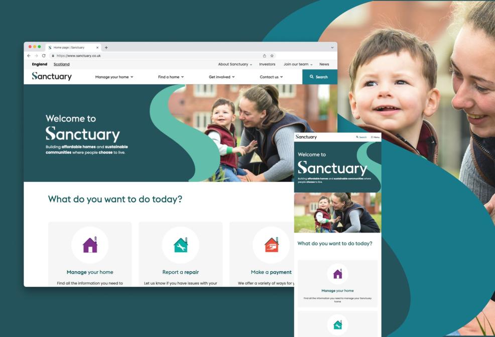 Screenshots of the Sanctuary home page as seen on desktop and mobile, with its new clean, user-friendly layout and navigation