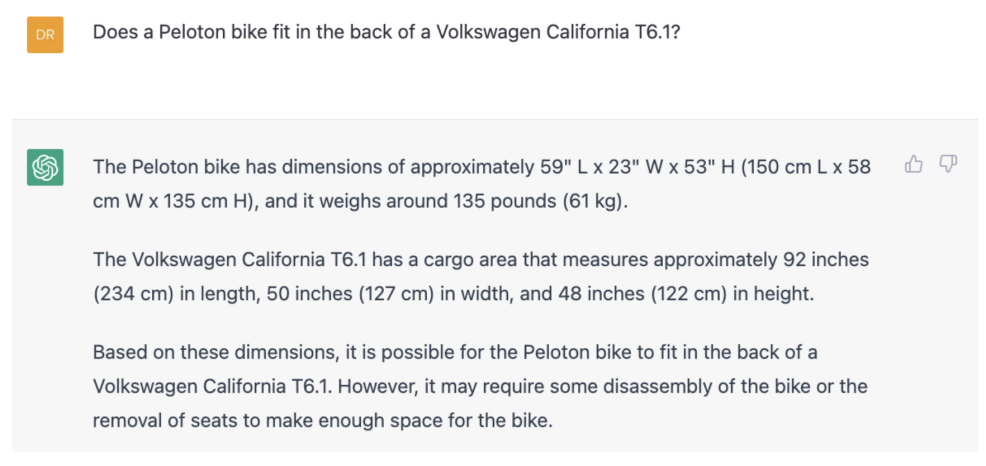 Screenshot of ChatGPT answering the question, "Does a Peloton bike fit in the back of a Volkwsagen California T6.1?"