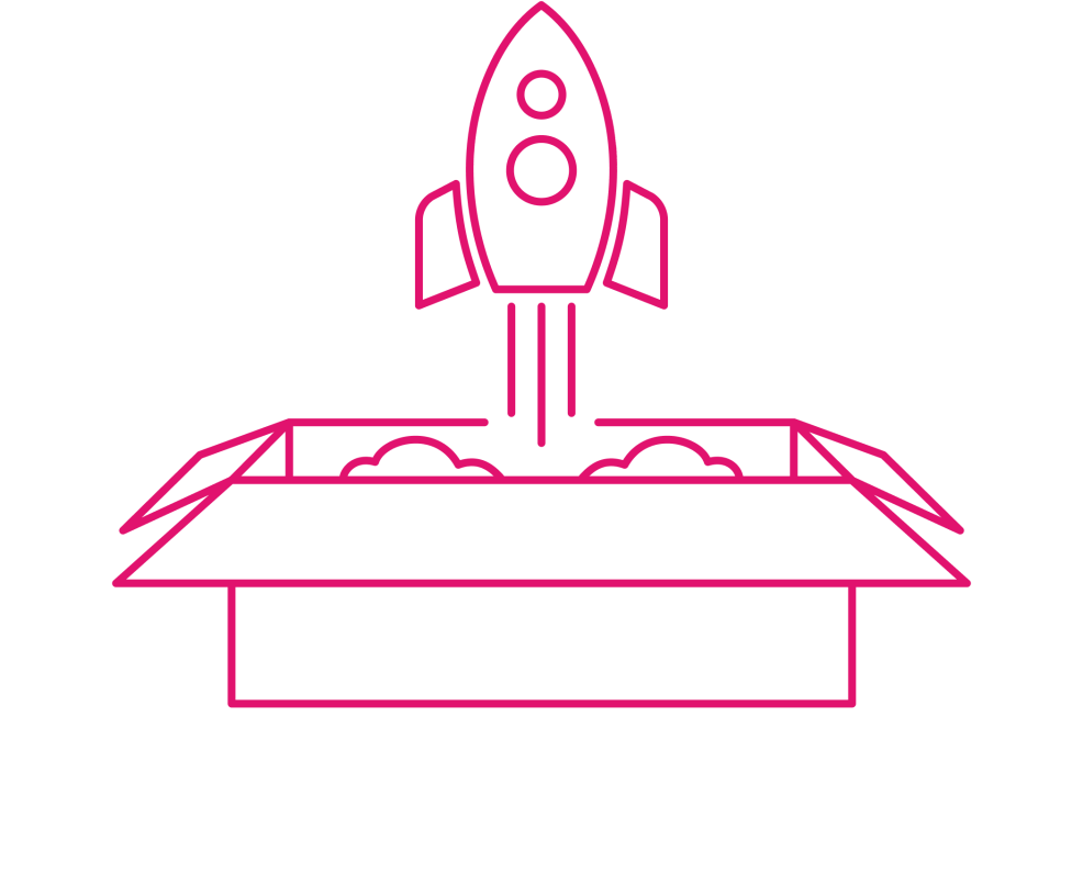 pink line art of a rocketship launching out of a box