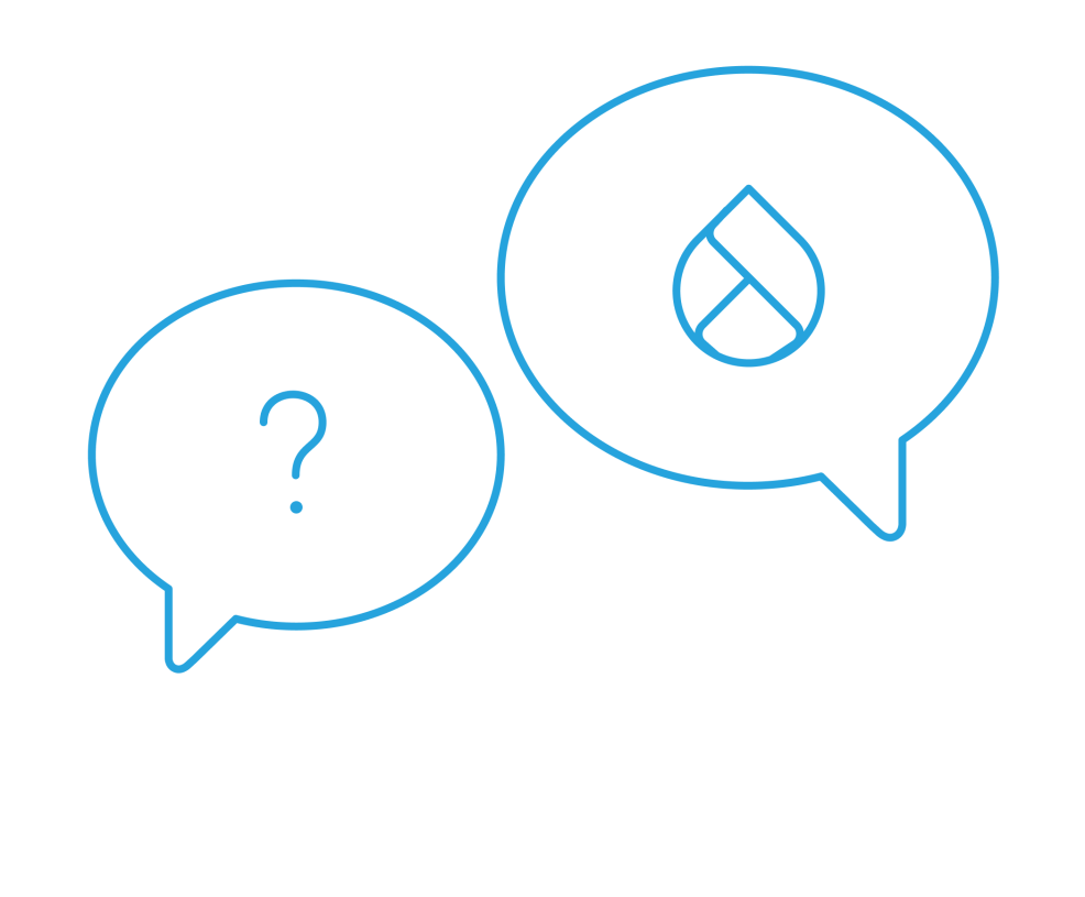 line art of a chat bubble with a question mark and one with a drupal logo