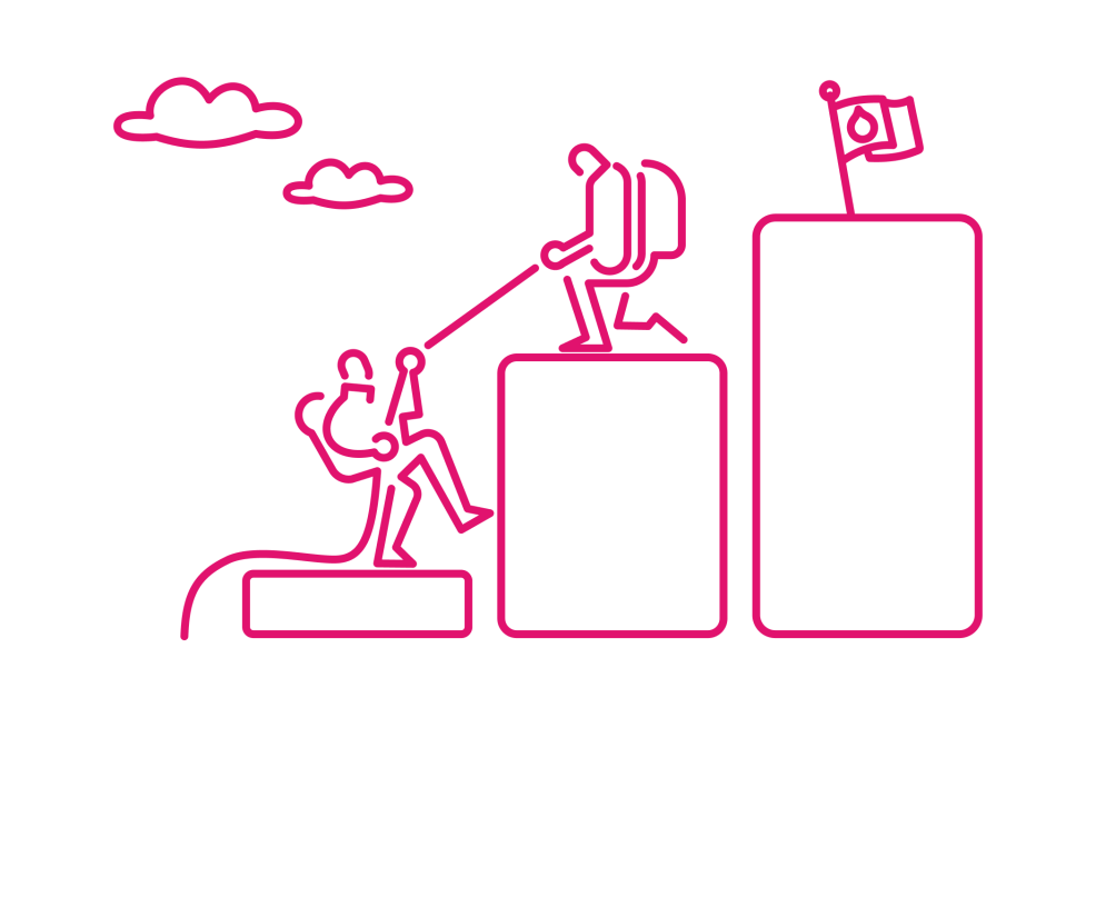 pink line art of a person helping someone up a rectangle